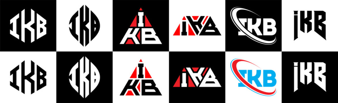 IKB letter logo design in six style. IKB polygon, circle, triangle, hexagon, flat and simple style with black and white color variation letter logo set in one artboard. IKB minimalist and classic logo