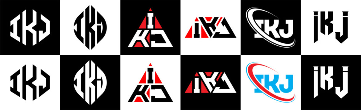 IKJ letter logo design in six style. IKJ polygon, circle, triangle, hexagon, flat and simple style with black and white color variation letter logo set in one artboard. IKJ minimalist and classic logo