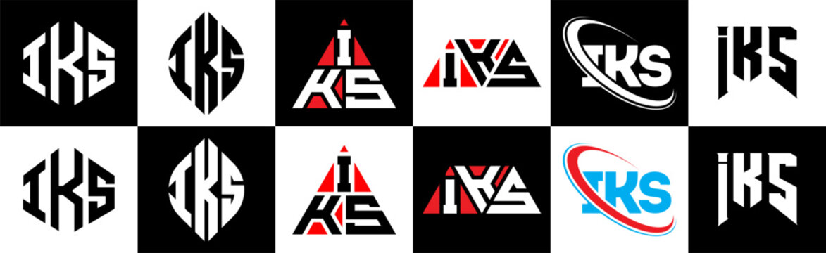 IKS letter logo design in six style. IKS polygon, circle, triangle, hexagon, flat and simple style with black and white color variation letter logo set in one artboard. IKS minimalist and classic logo