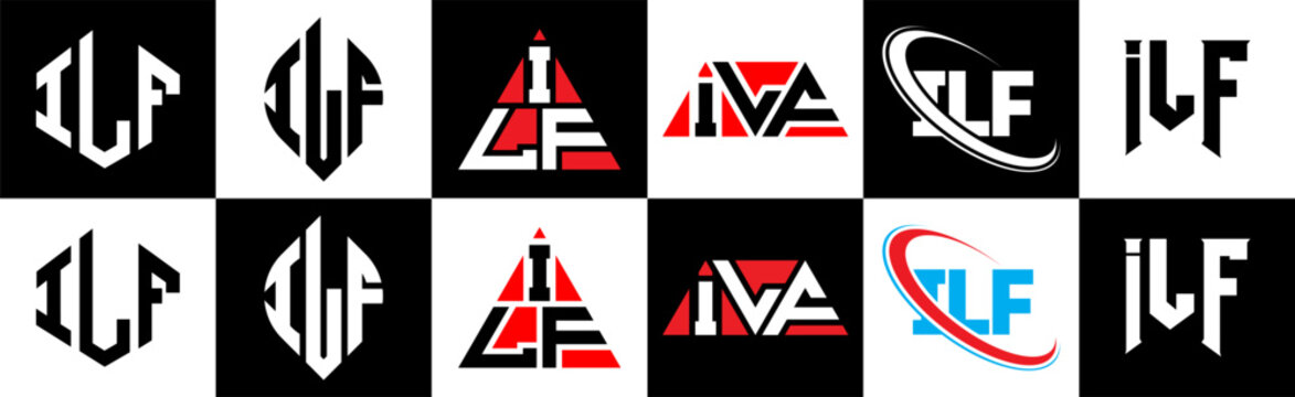 ILF letter logo design in six style. ILF polygon, circle, triangle, hexagon, flat and simple style with black and white color variation letter logo set in one artboard. ILF minimalist and classic logo
