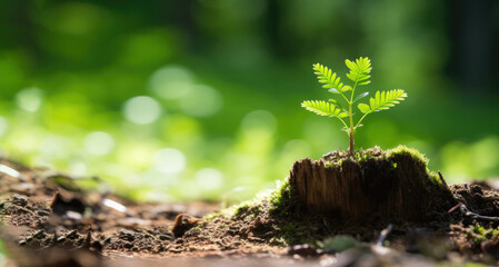young tree growing from old tree stump banner - obrazy, fototapety, plakaty