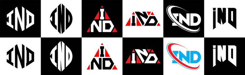 IND letter logo design in six style. IND polygon, circle, triangle, hexagon, flat and simple style with black and white color variation letter logo set in one artboard. IND minimalist and classic logo