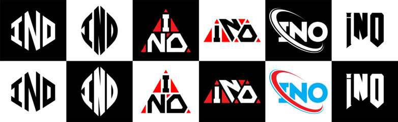 INO letter logo design in six style. INO polygon, circle, triangle, hexagon, flat and simple style with black and white color variation letter logo set in one artboard. INO minimalist and classic logo