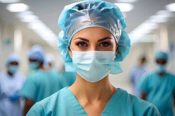  Portrait of a nurse wearing a surgical mask and a head cap in a hospital background, healthcare professional with copy space, generative AI