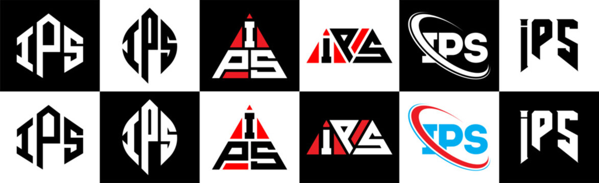 IPS letter logo design in six style. IPS polygon, circle, triangle, hexagon, flat and simple style with black and white color variation letter logo set in one artboard. IPS minimalist and classic logo