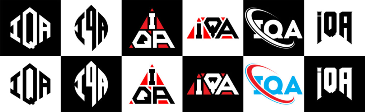 IQA letter logo design in six style. IQA polygon, circle, triangle, hexagon, flat and simple style with black and white color variation letter logo set in one artboard. IQA minimalist and classic logo