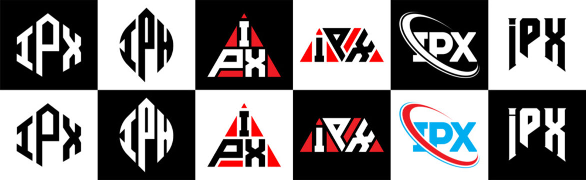 IPX letter logo design in six style. IPX polygon, circle, triangle, hexagon, flat and simple style with black and white color variation letter logo set in one artboard. IPX minimalist and classic logo