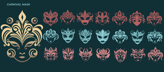 Mardi Gras carnival mask vector, masquerade masks, for party, parade and carnival, for Mardi Gras and Halloween. Mask elements can be used as isolated sign, symbol or icon