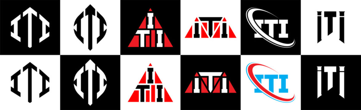 ITI letter logo design in six style. ITI polygon, circle, triangle, hexagon, flat and simple style with black and white color variation letter logo set in one artboard. ITI minimalist and classic logo