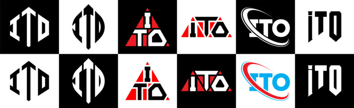 ITO letter logo design in six style. ITO polygon, circle, triangle, hexagon, flat and simple style with black and white color variation letter logo set in one artboard. ITO minimalist and classic logo