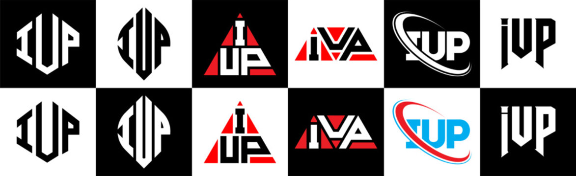 IUP letter logo design in six style. IUP polygon, circle, triangle, hexagon, flat and simple style with black and white color variation letter logo set in one artboard. IUP minimalist and classic logo