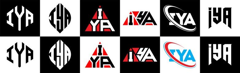 IYA letter logo design in six style. IYA polygon, circle, triangle, hexagon, flat and simple style with black and white color variation letter logo set in one artboard. IYA minimalist and classic logo