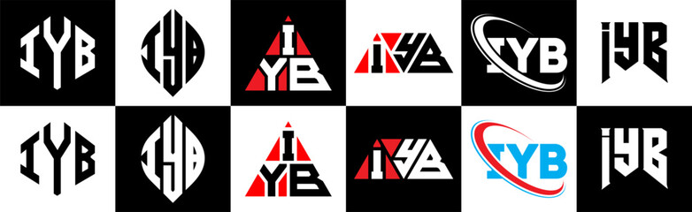 IYB letter logo design in six style. IYB polygon, circle, triangle, hexagon, flat and simple style with black and white color variation letter logo set in one artboard. IYB minimalist and classic logo