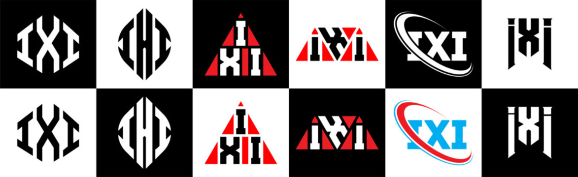 IXI letter logo design in six style. IXI polygon, circle, triangle, hexagon, flat and simple style with black and white color variation letter logo set in one artboard. IXI minimalist and classic logo