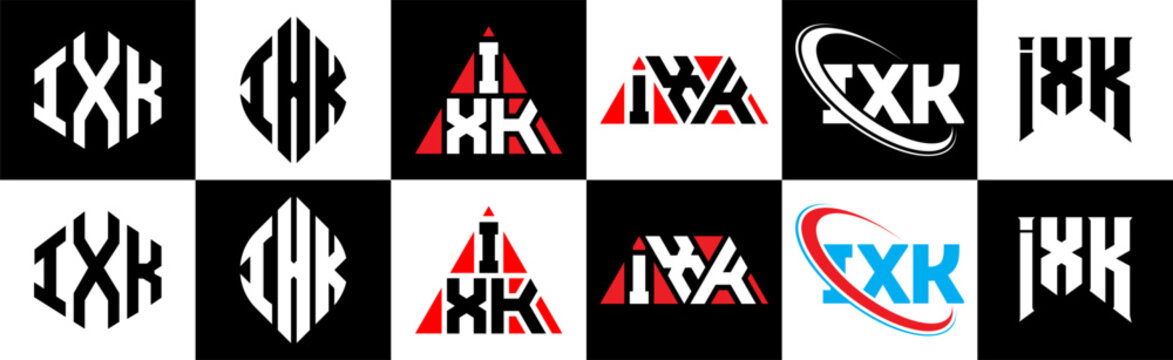 IXK letter logo design in six style. IXK polygon, circle, triangle, hexagon, flat and simple style with black and white color variation letter logo set in one artboard. IXK minimalist and classic logo