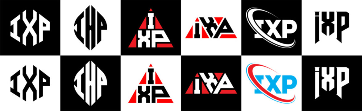 IXP letter logo design in six style. IXP polygon, circle, triangle, hexagon, flat and simple style with black and white color variation letter logo set in one artboard. IXP minimalist and classic logo