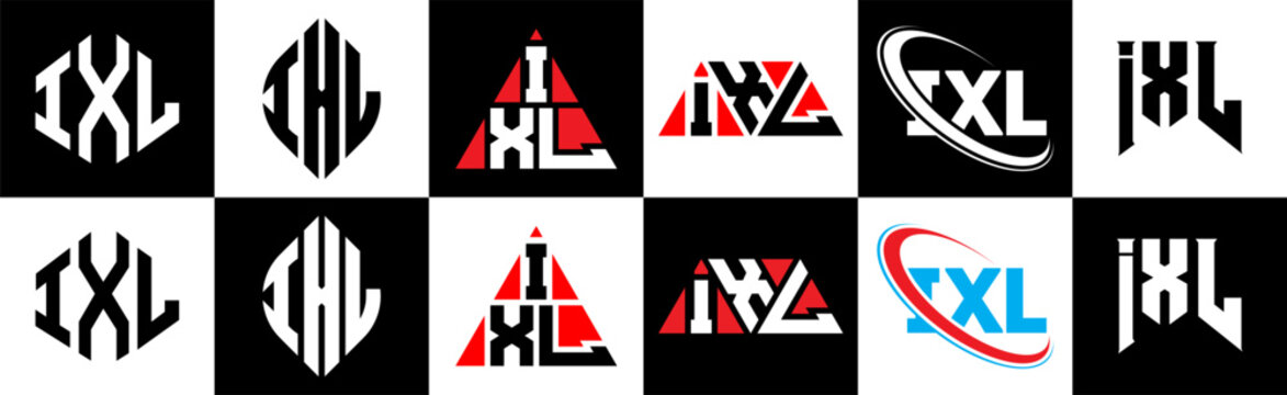 IXL letter logo design in six style. IXL polygon, circle, triangle, hexagon, flat and simple style with black and white color variation letter logo set in one artboard. IXL minimalist and classic logo