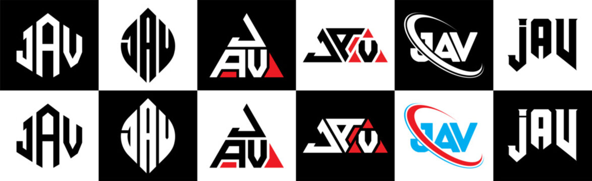 JAV letter logo design in six style. JAV polygon, circle, triangle, hexagon, flat and simple style with black and white color variation letter logo set in one artboard. JAV minimalist and classic logo