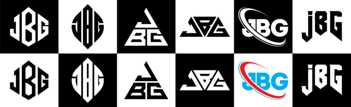 JBG letter logo design in six style. JBG polygon, circle, triangle, hexagon, flat and simple style with black and white color variation letter logo set in one artboard. JBG minimalist and classic logo