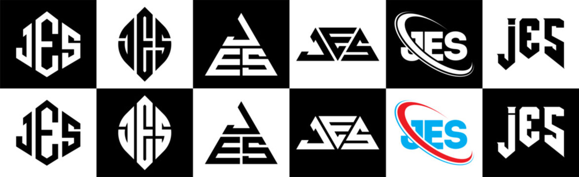 JES letter logo design in six style. JES polygon, circle, triangle, hexagon, flat and simple style with black and white color variation letter logo set in one artboard. JES minimalist and classic logo