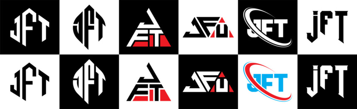 JFT letter logo design in six style. JFT polygon, circle, triangle, hexagon, flat and simple style with black and white color variation letter logo set in one artboard. JFT minimalist and classic logo