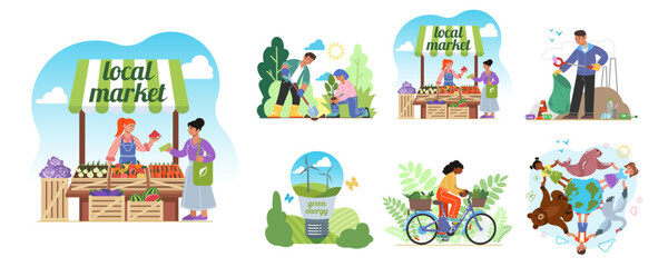 Green energy. Recycle life. Save nature and Earth environment. Bio and eco technology. Planting trees. Garbage sorting and collecting. Local market. Happy planet. People on bikes. Vector concepts set