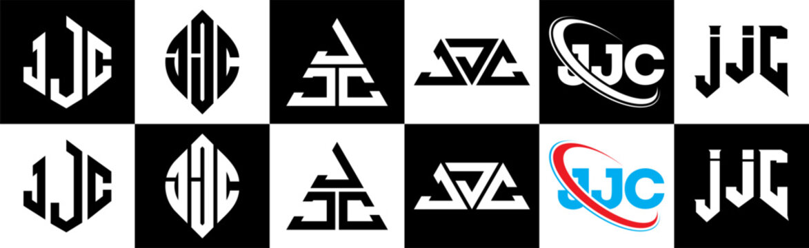 JJC letter logo design in six style. JJC polygon, circle, triangle, hexagon, flat and simple style with black and white color variation letter logo set in one artboard. JJC minimalist and classic logo