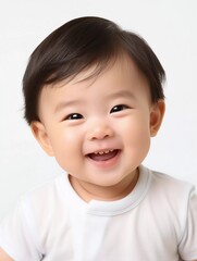 portrait of cute slanted eyed Japanese baby boy model, with smiling and laughing expression, 2 month old baby, studio photo, isolated white background, for advertising and web design