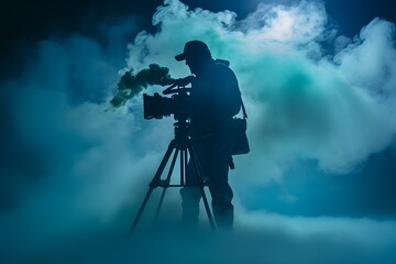 silhouette of professional videographer holding camera under blue smoke