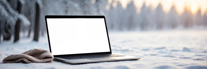 Laptop with a white screen mock up in winter, outdoor in the snow with a cozy blanket in a snowfall. Seasonal remote work, internet, shopping, Christmas and New Year. 
