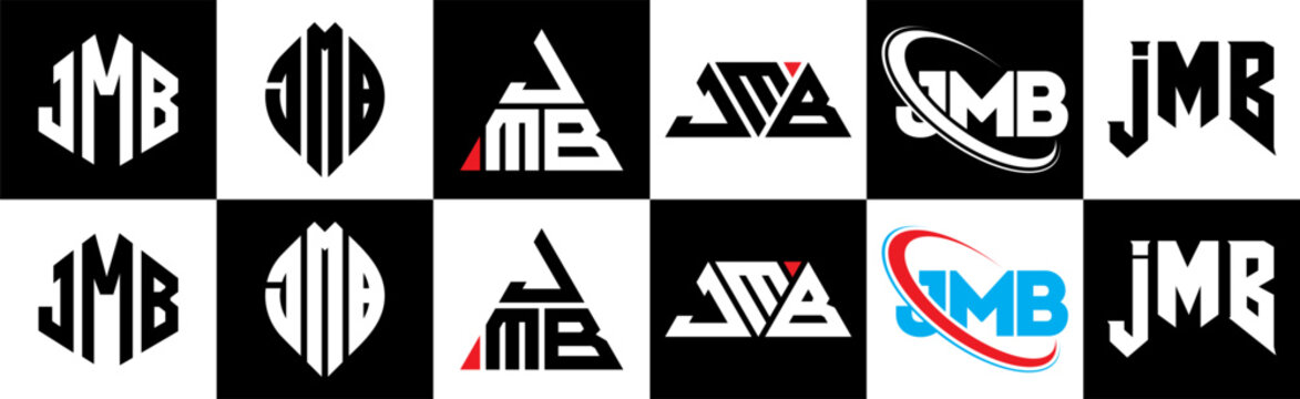 JMB letter logo design in six style. JMB polygon, circle, triangle, hexagon, flat and simple style with black and white color variation letter logo set in one artboard. JMB minimalist and classic logo