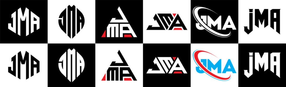 JMA letter logo design in six style. JMA polygon, circle, triangle, hexagon, flat and simple style with black and white color variation letter logo set in one artboard. JMA minimalist and classic logo
