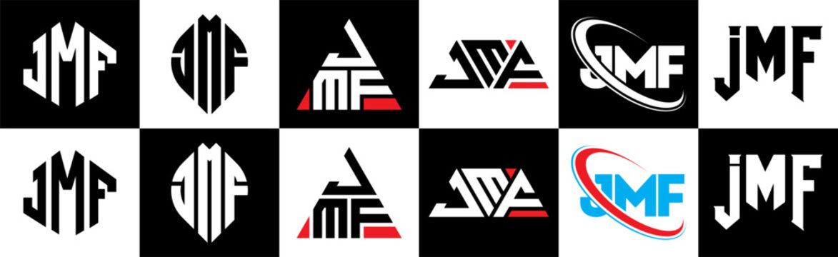 JMF letter logo design in six style. JMF polygon, circle, triangle, hexagon, flat and simple style with black and white color variation letter logo set in one artboard. JMF minimalist and classic logo