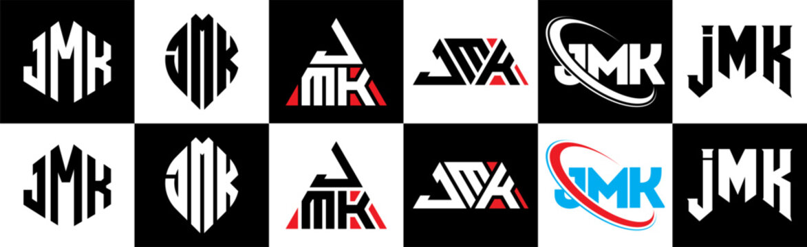 JMK letter logo design in six style. JMK polygon, circle, triangle, hexagon, flat and simple style with black and white color variation letter logo set in one artboard. JMK minimalist and classic logo