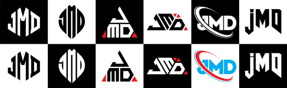 JMD letter logo design in six style. JMD polygon, circle, triangle, hexagon, flat and simple style with black and white color variation letter logo set in one artboard. JMD minimalist and classic logo