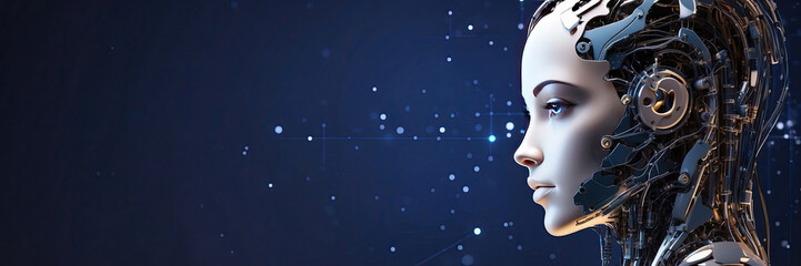 Modern female robot in an artificial intelligence image with wires and circuits on a digital background. Banner with copy space