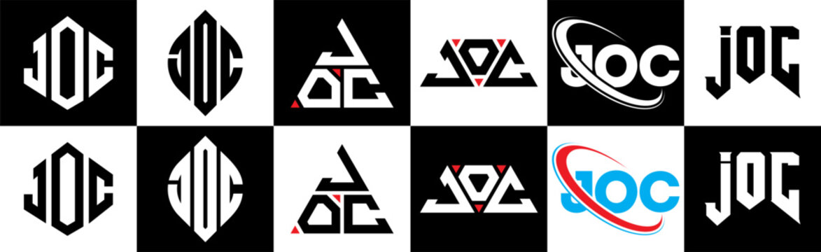 JOC letter logo design in six style. JOC polygon, circle, triangle, hexagon, flat and simple style with black and white color variation letter logo set in one artboard. JOC minimalist and classic logo