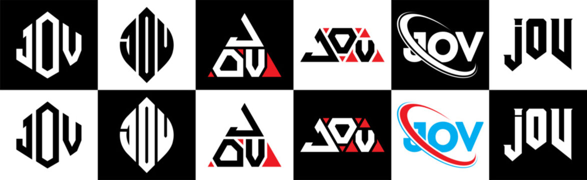 JOV letter logo design in six style. JOV polygon, circle, triangle, hexagon, flat and simple style with black and white color variation letter logo set in one artboard. JOV minimalist and classic logo