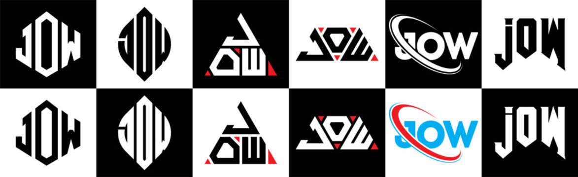 JOW letter logo design in six style. JOW polygon, circle, triangle, hexagon, flat and simple style with black and white color variation letter logo set in one artboard. JOW minimalist and classic logo