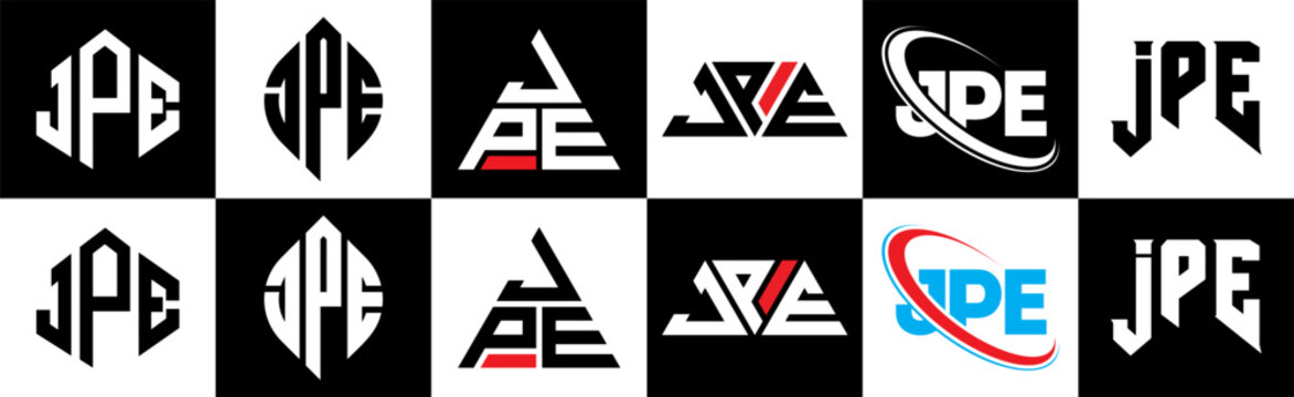 JPE letter logo design in six style. JPE polygon, circle, triangle, hexagon, flat and simple style with black and white color variation letter logo set in one artboard. JPE minimalist and classic logo