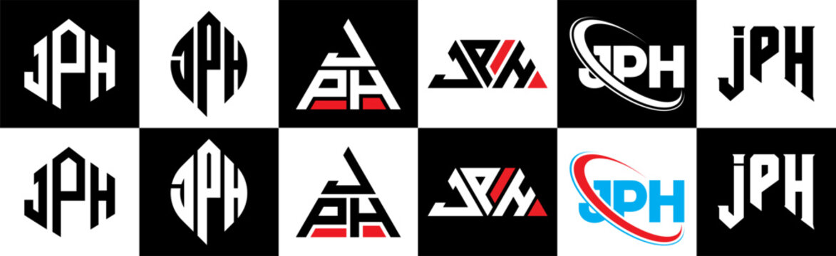 JPH letter logo design in six style. JPH polygon, circle, triangle, hexagon, flat and simple style with black and white color variation letter logo set in one artboard. JPH minimalist and classic logo