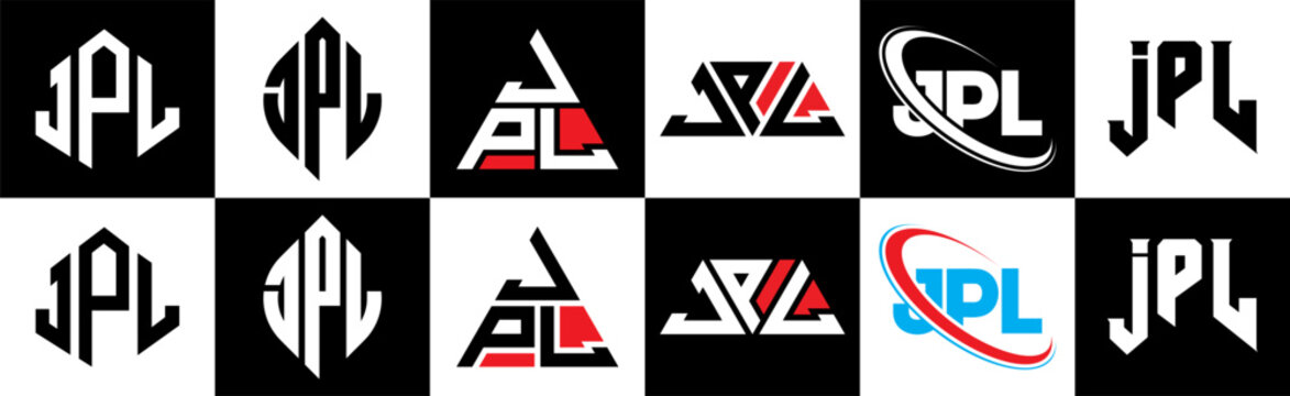 JPL letter logo design in six style. JPL polygon, circle, triangle, hexagon, flat and simple style with black and white color variation letter logo set in one artboard. JPL minimalist and classic logo