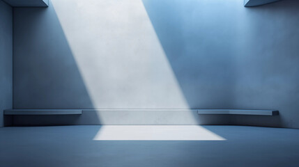 Beautiful original background image of an empty space in blue tones with a play of light and shadow on the wall and floor for design or creative work.