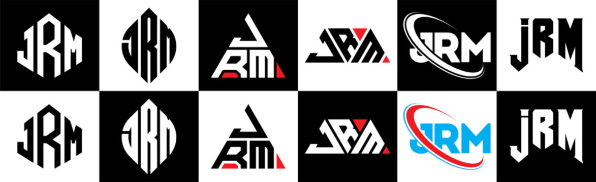 JRM letter logo design in six style. JRM polygon, circle, triangle, hexagon, flat and simple style with black and white color variation letter logo set in one artboard. JRM minimalist and classic logo