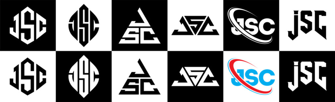 JSC letter logo design in six style. JSC polygon, circle, triangle, hexagon, flat and simple style with black and white color variation letter logo set in one artboard. JSC minimalist and classic logo