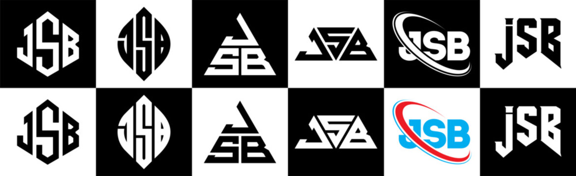 JSB letter logo design in six style. JSB polygon, circle, triangle, hexagon, flat and simple style with black and white color variation letter logo set in one artboard. JSB minimalist and classic logo