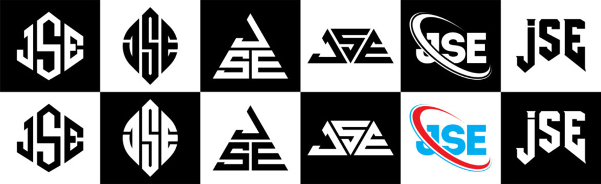 JSE letter logo design in six style. JSE polygon, circle, triangle, hexagon, flat and simple style with black and white color variation letter logo set in one artboard. JSE minimalist and classic logo