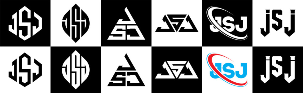 JSJ letter logo design in six style. JSJ polygon, circle, triangle, hexagon, flat and simple style with black and white color variation letter logo set in one artboard. JSJ minimalist and classic logo