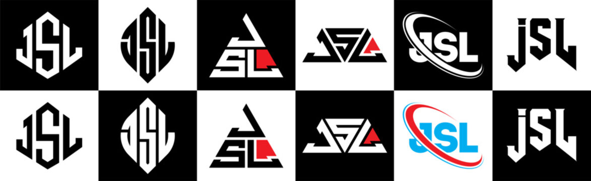 JSL letter logo design in six style. JSL polygon, circle, triangle, hexagon, flat and simple style with black and white color variation letter logo set in one artboard. JSL minimalist and classic logo
