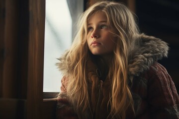 Girl in a cosy norwegian jumper looking out the window of a cabin